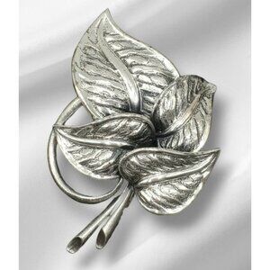 Tortolani Leaf Brooch Layered Leaves Silver Tone Pin Botanical Cluster 3.5" MCM